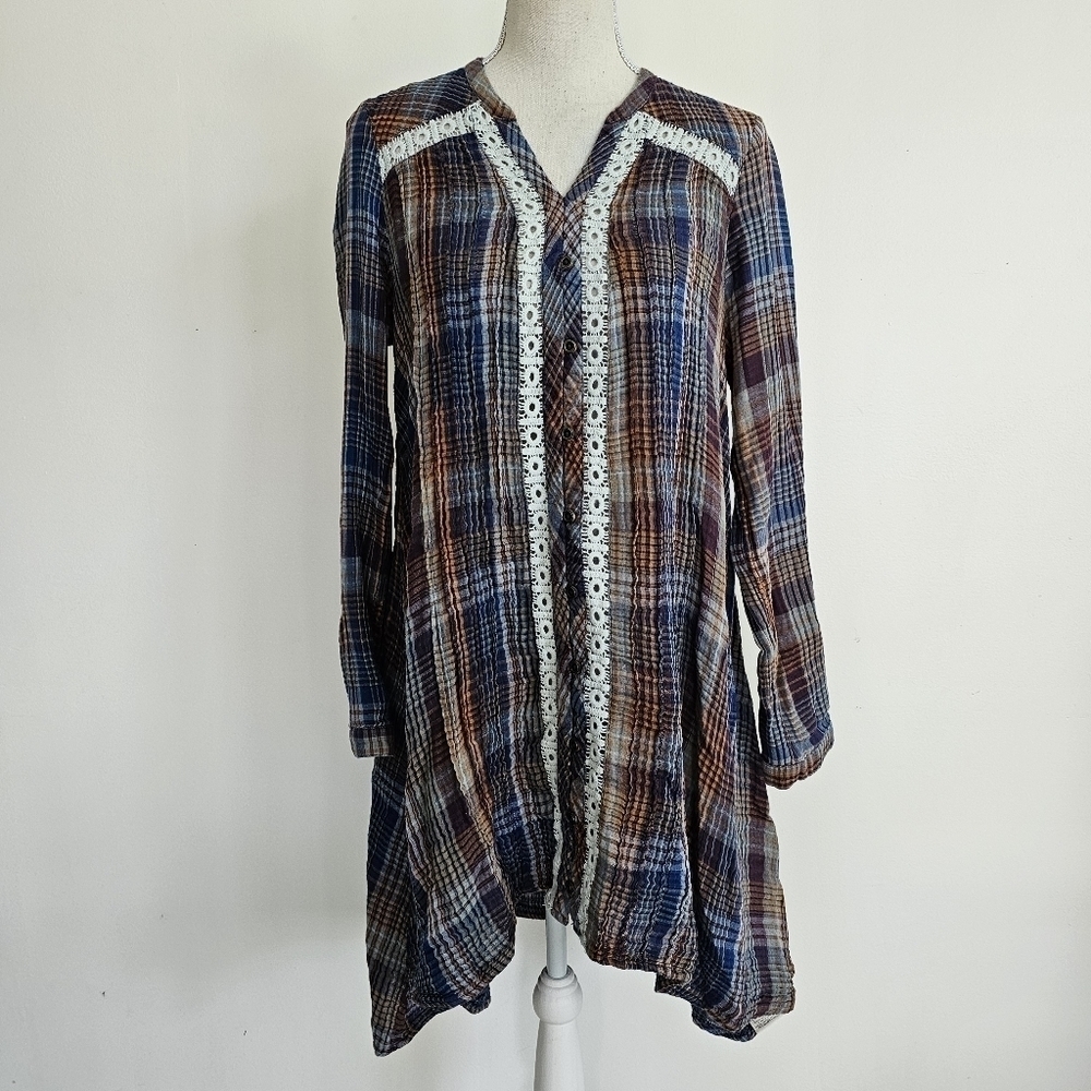 Holding Horses | Anthropologie Plaid Crochet Tunic Dress - Picture 3 of 10